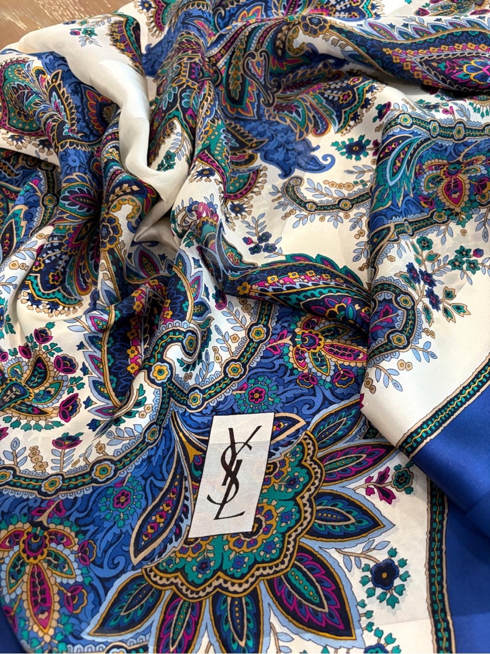 YSL Silk Scarf Blue White Paisley Logo 41 Inch Hand Rolled - Picture 11 of 11